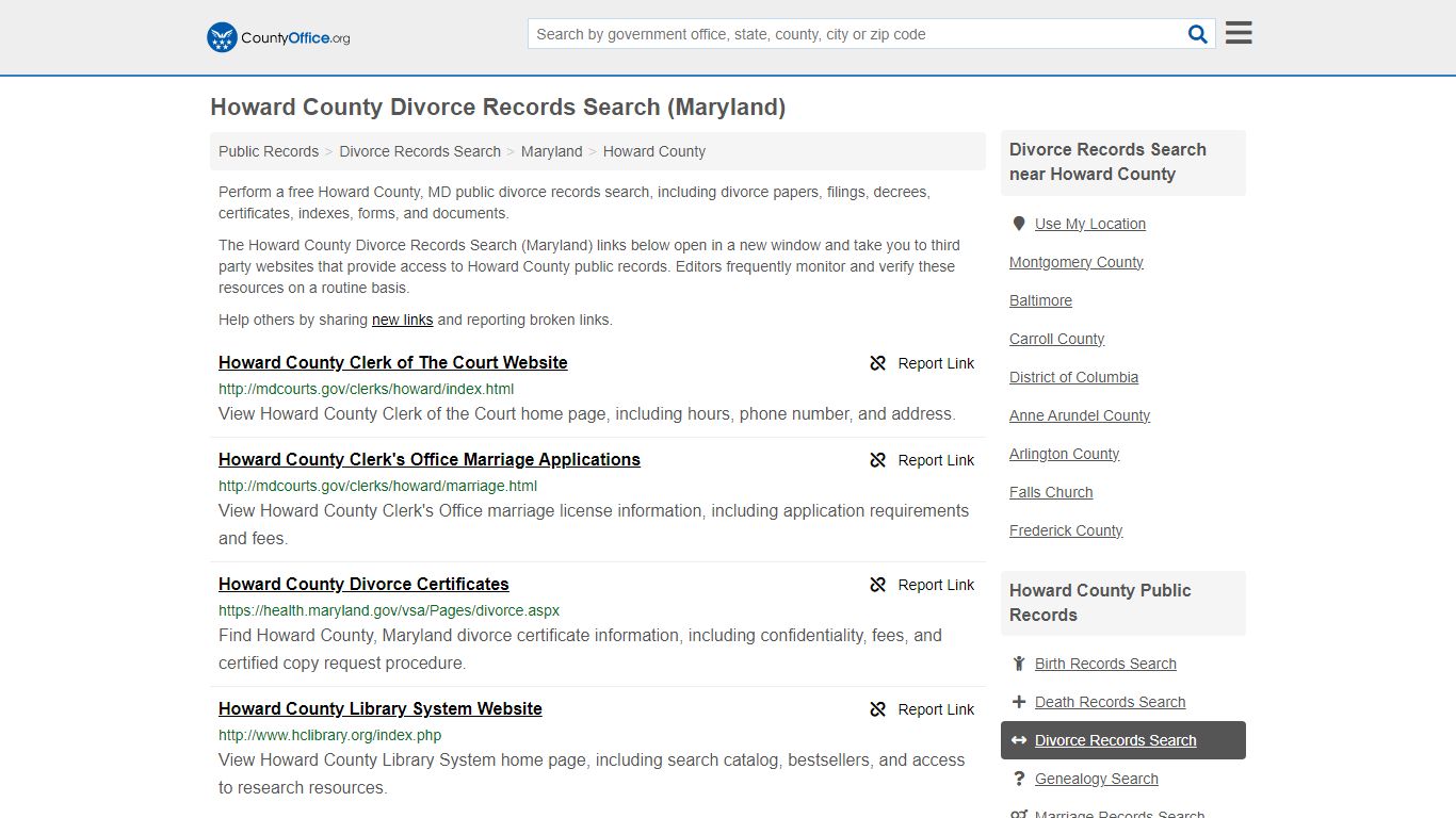 Howard County Divorce Records Search (Maryland) - County Office