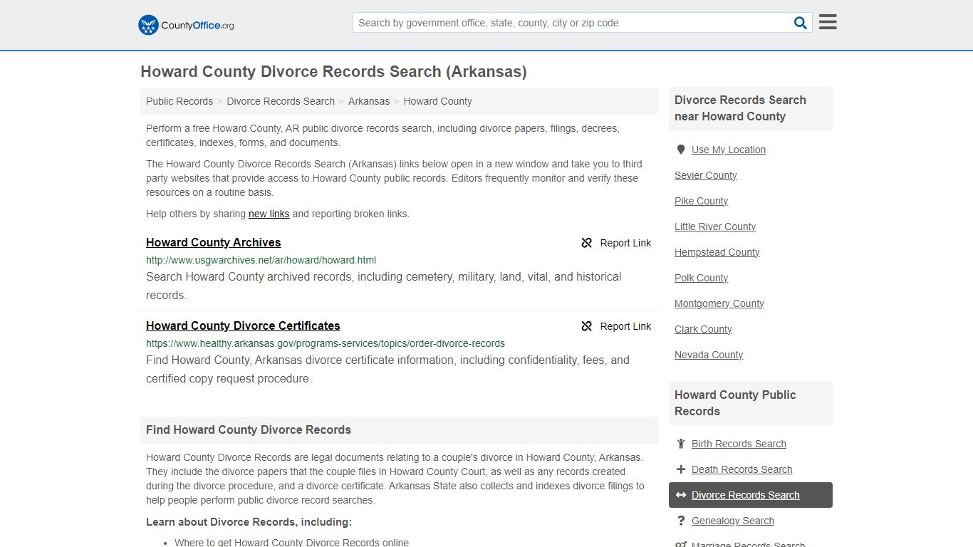 Howard County Divorce Records Search (Arkansas) - County Office