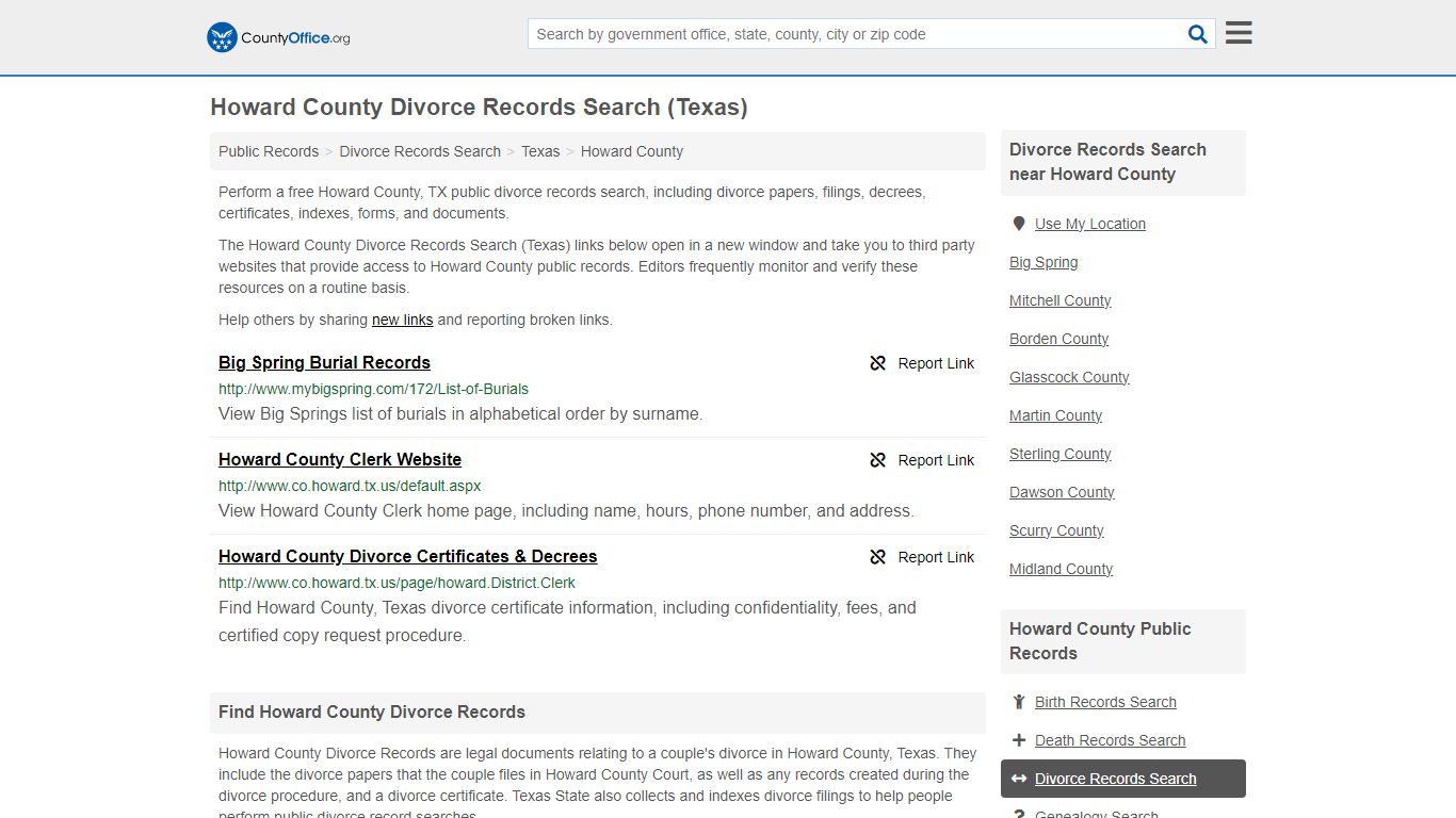 Howard County Divorce Records Search (Texas) - County Office