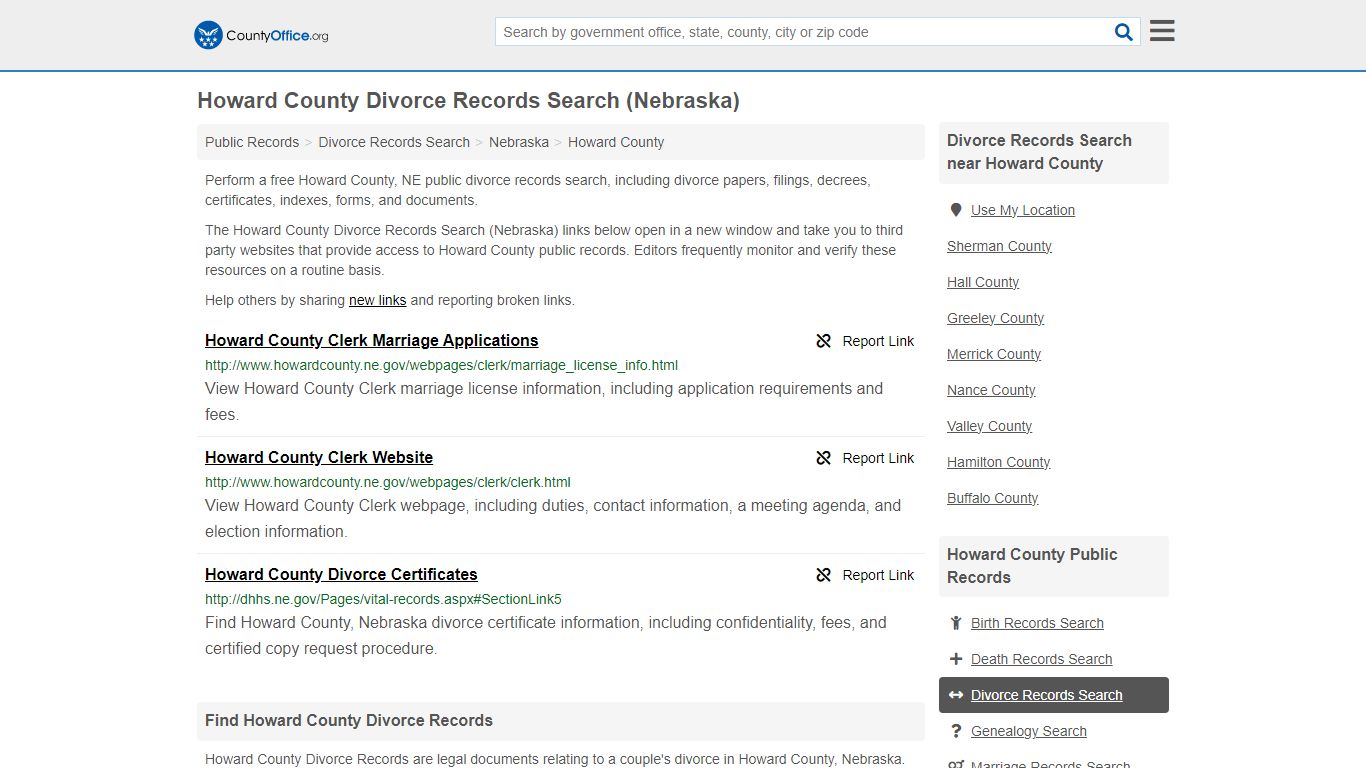 Howard County Divorce Records Search (Nebraska) - County Office